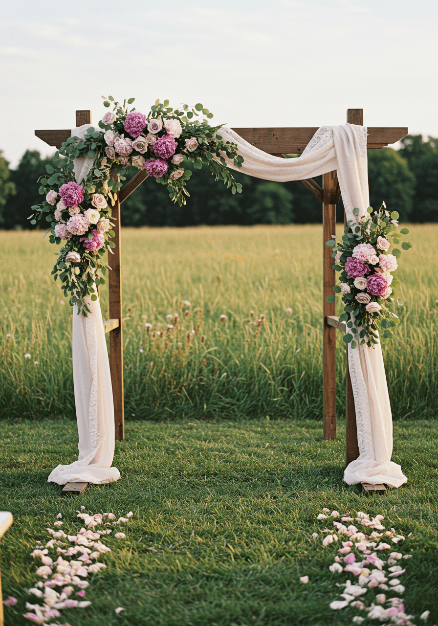 Rustic wooden wedding arch with mauve peonies and silk ribbons in wildflower meadow clearing