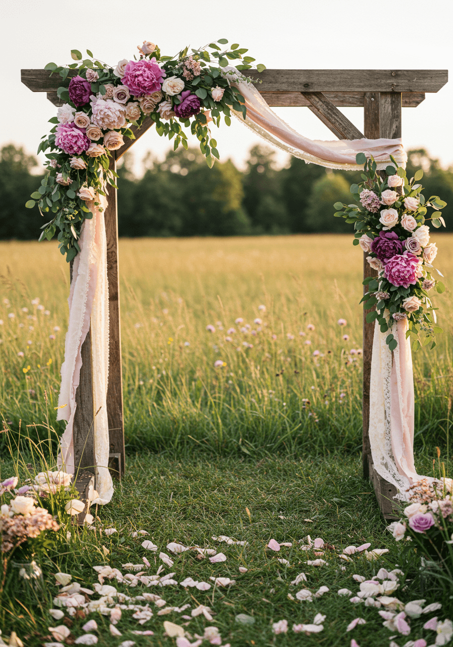 Ground-level view of meadow ceremony arch with scattered rose petals and tall grass