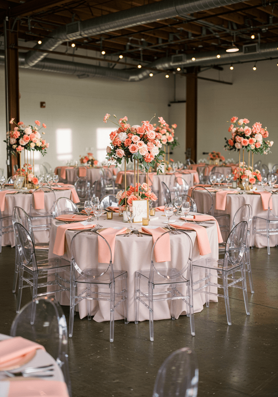 Multiple round reception tables with salmon pink elements and geometric centerpieces in modern venue