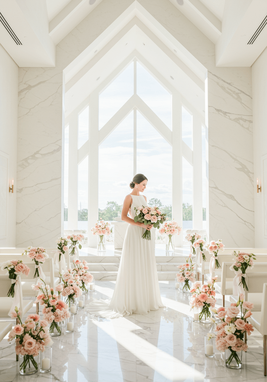 Bride in simple A-line wedding dress standing in modern minimalist chapel with large windows