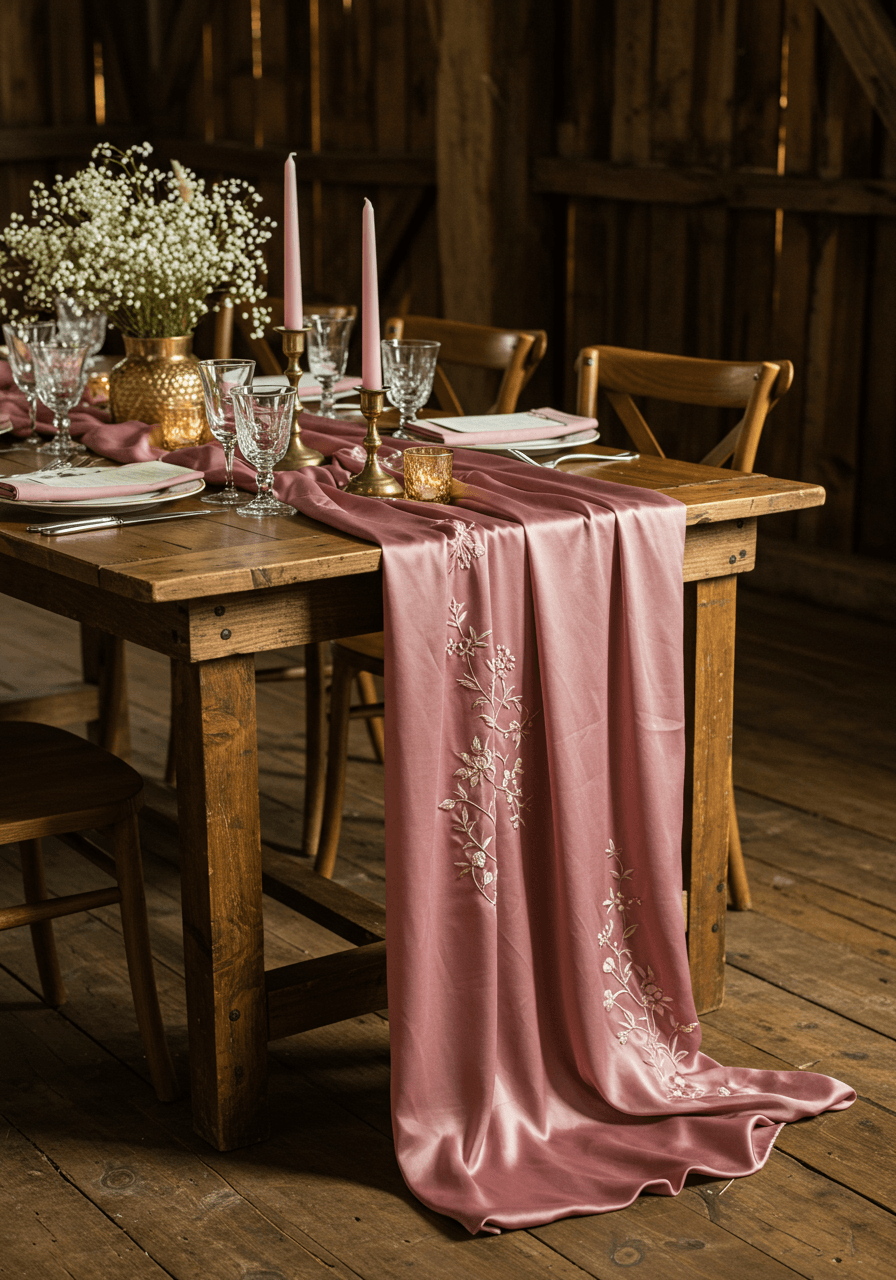 Rustic barn wedding table setting with vintage brass candlesticks and dusty rose linens