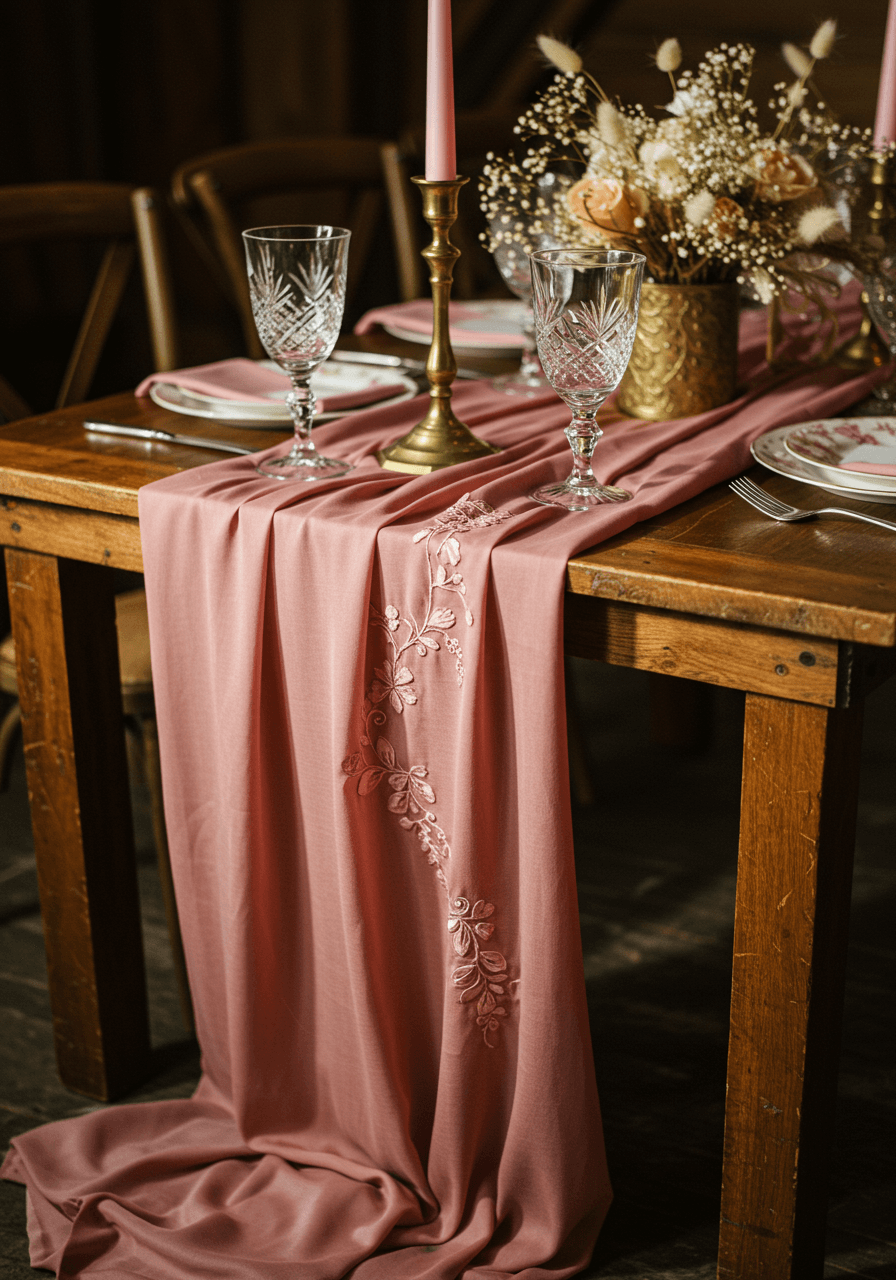 Vintage dusty rose silk table runner with embroidered details on antique wooden farm table with mismatched china