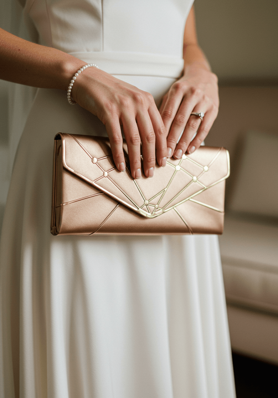 Bride's hands holding brushed champagne gold clutch with geometric detailing and silk gown