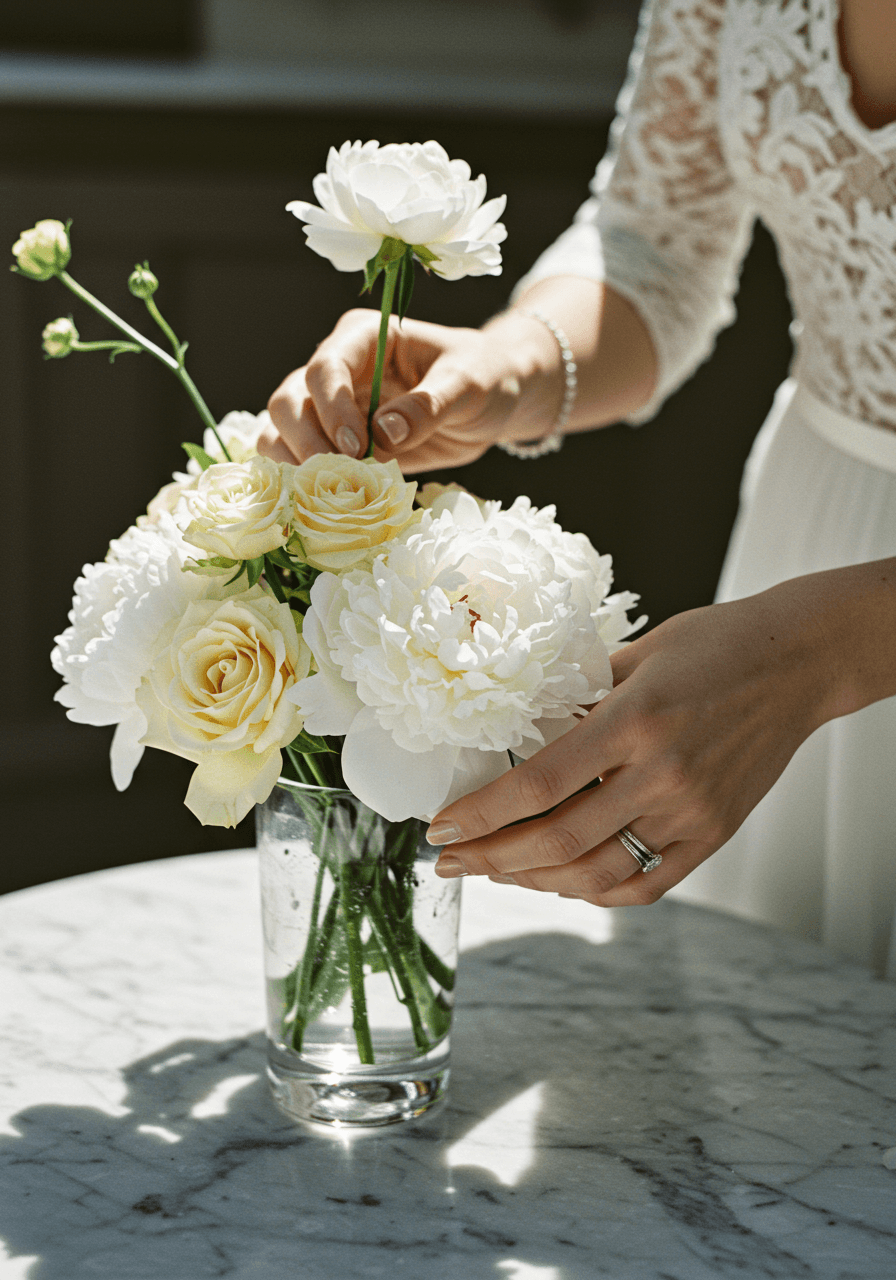 Bride's hands delicately arranging white peonies and cream roses in glass vase on marble surface
