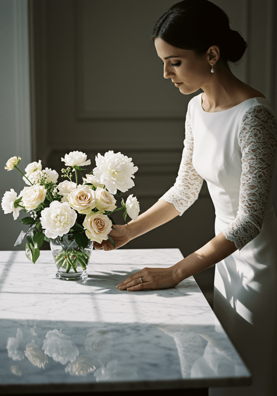 Close-up of bride styling monochromatic white flowers with lace sleeve detail visible