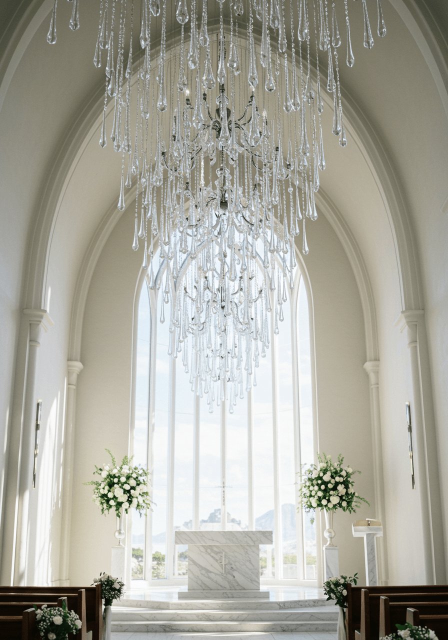 Crystal chandelier with cascading teardrops suspended above white marble altar in minimalist chapel
