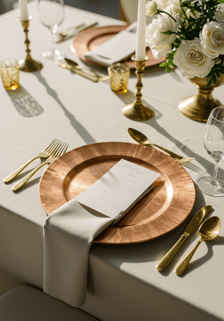 Overhead view of copper charger plates with antique brass flatware on cream table linens
