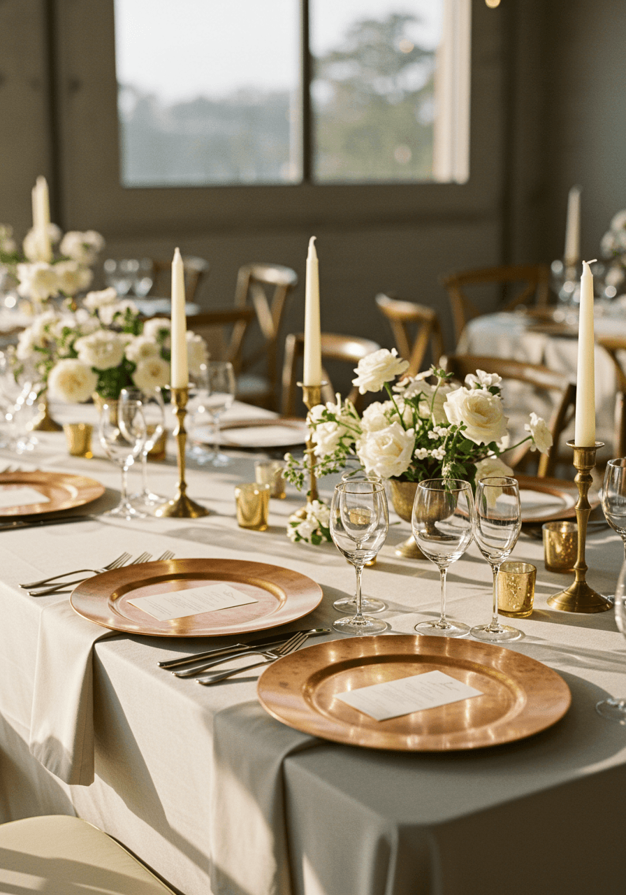 Wedding tablescape featuring brushed copper charger plates and muted gold flatware on ivory linens