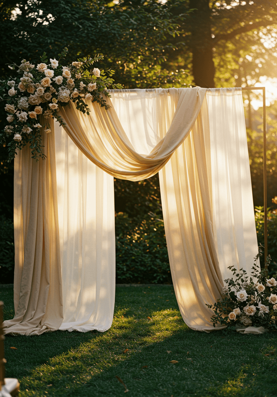 Cascading silk and chiffon panels in beige and taupe draped on geometric metal framework