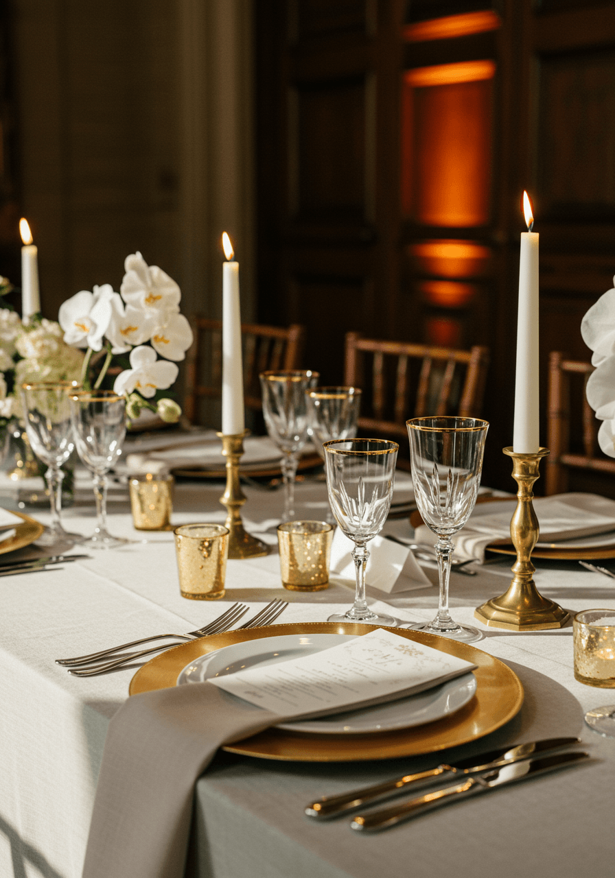 Close-up of bone china and crystal place setting in restored historic mansion with mahogany panelling