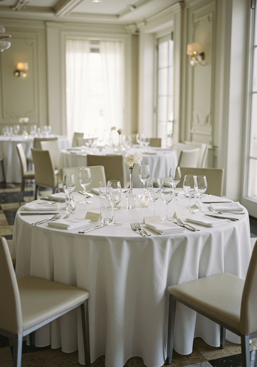 Elegant round dining table with crisp white linen and minimalist place settings