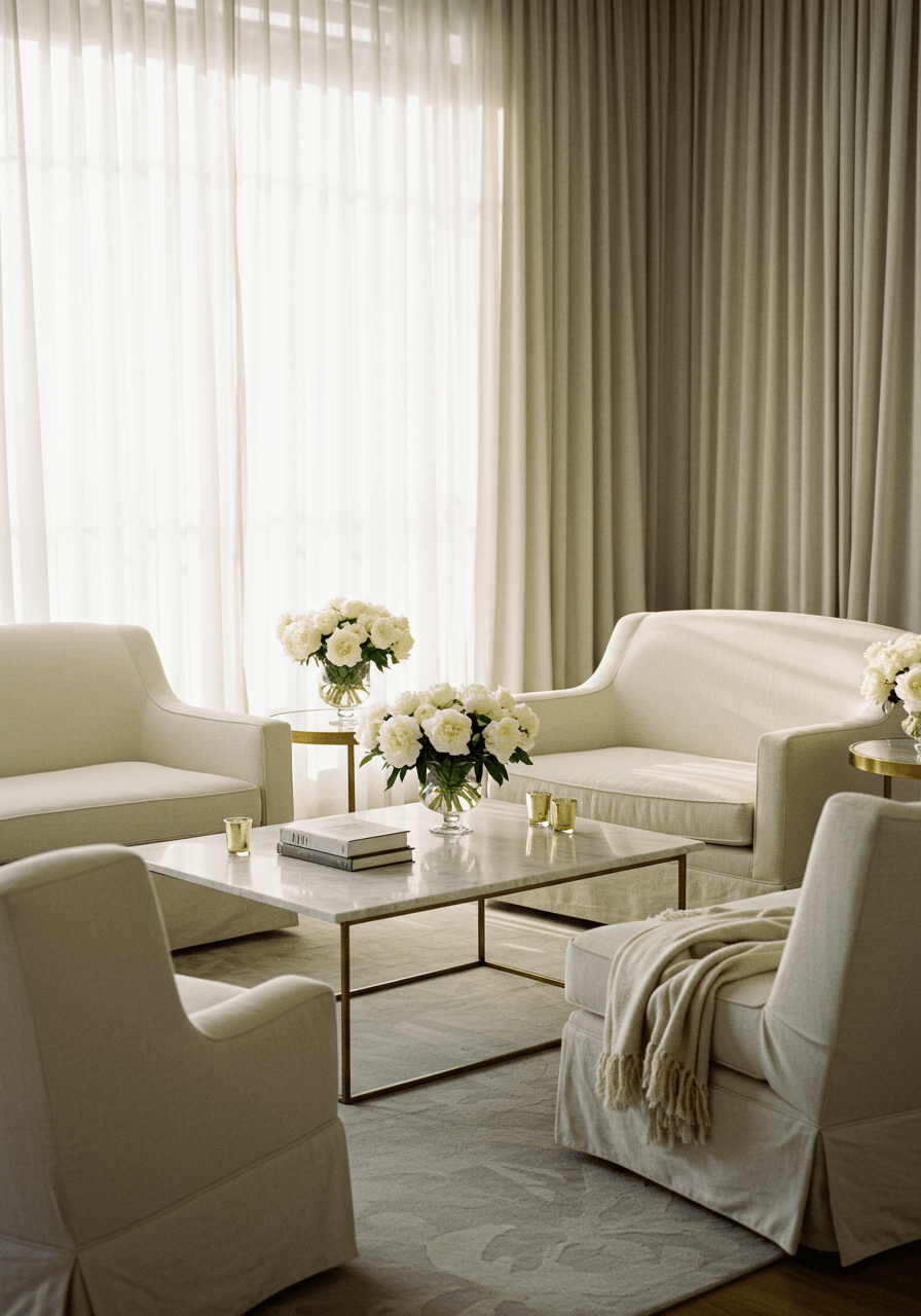 Oversized cream linen armchairs with low marble coffee table in refined wedding lounge