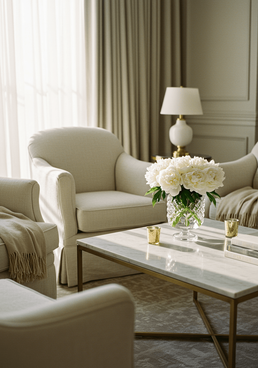 Detail of marble coffee table with white peonies and cashmere throws in elegant lounge