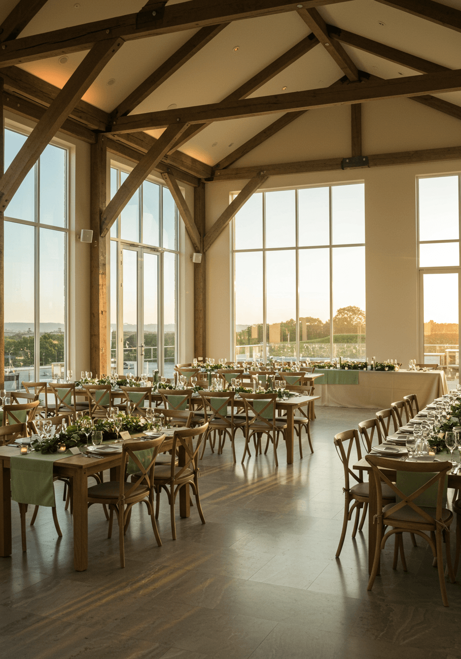 Wedding reception hall with soaring ceilings, exposed wooden beams, and floor-to-ceiling windows