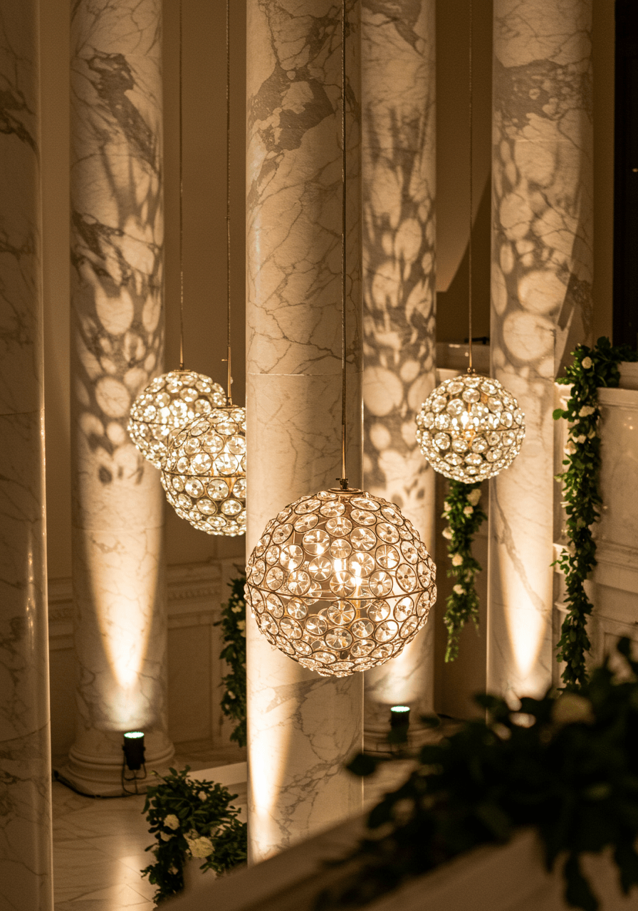 Close-up detail of glass orb chandelier with warm uplighting creating dramatic shadows