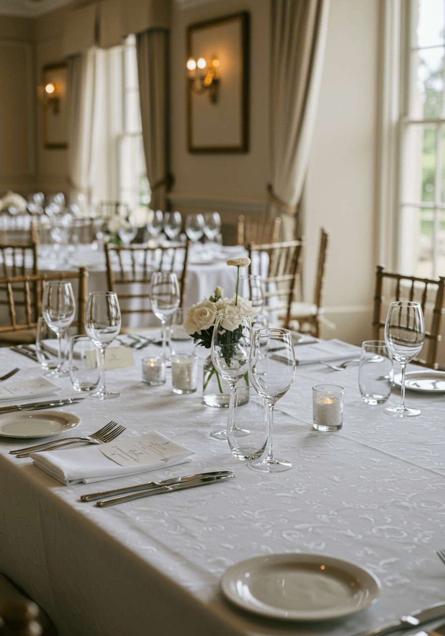 Wedding reception table with white linen, bone china plates, and crystal glassware