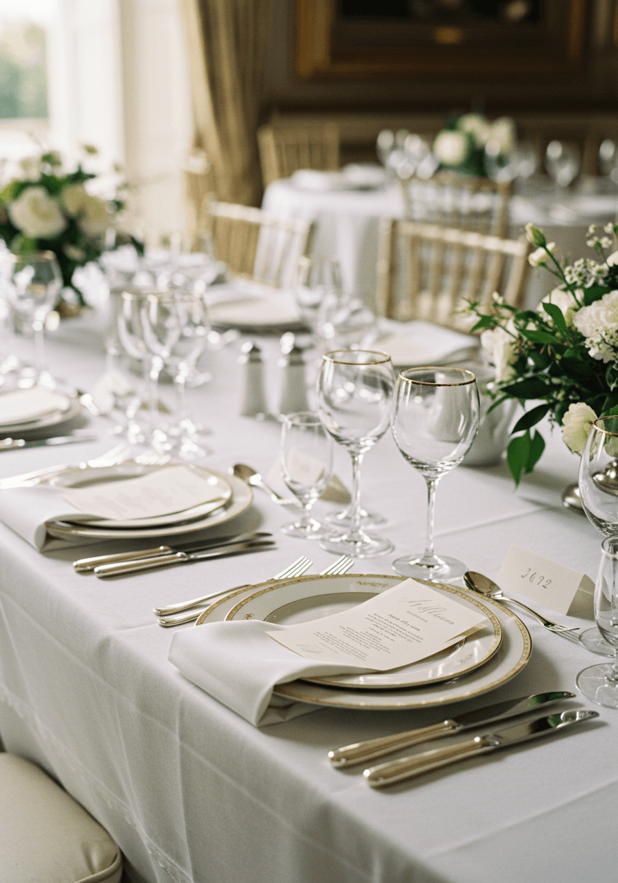 Meticulously arranged wedding place setting with bone china plates featuring delicate gold rim