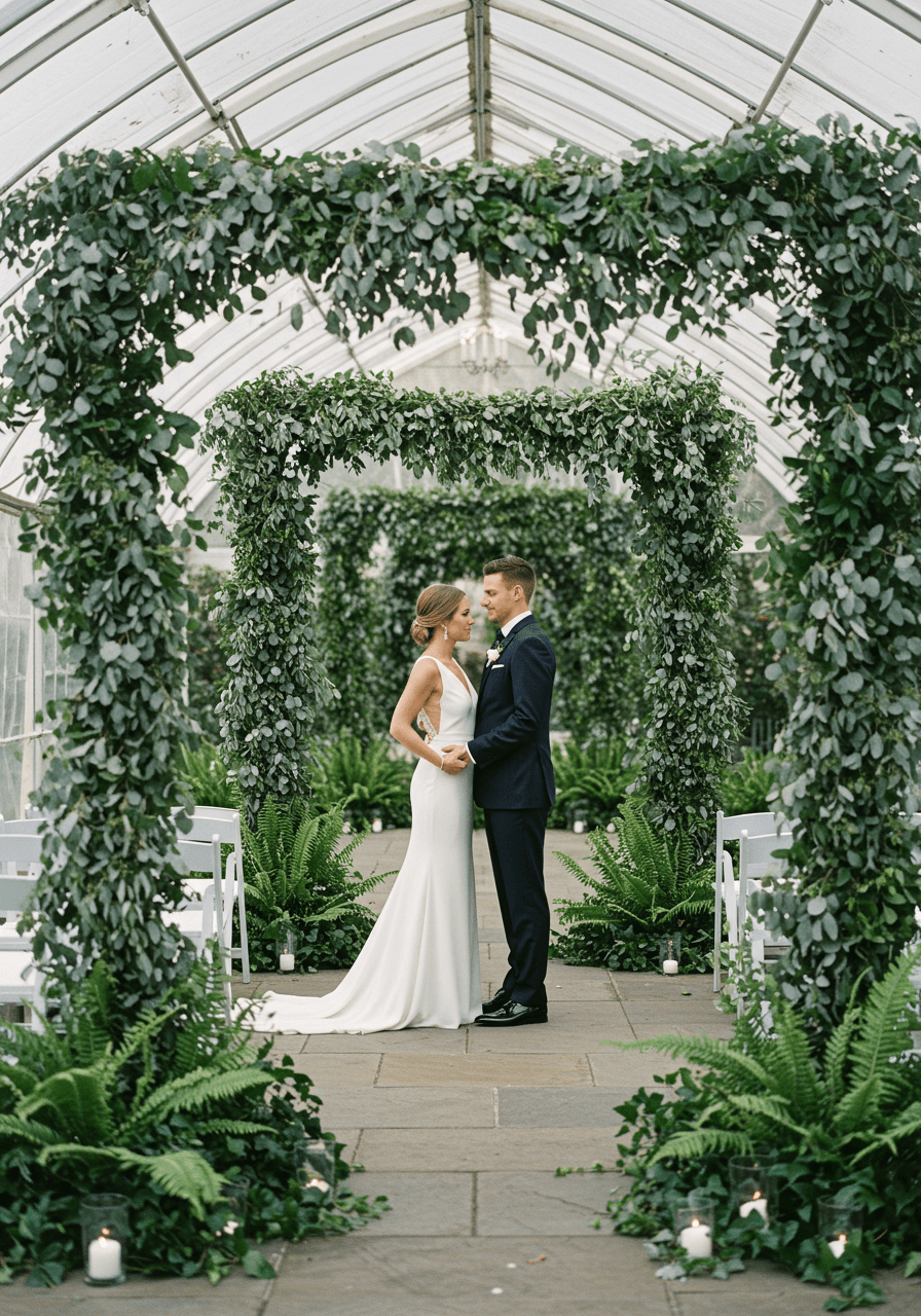 Bride and groom surrounded by lush eucalyptus garlands and trailing ivy at elegant ceremony