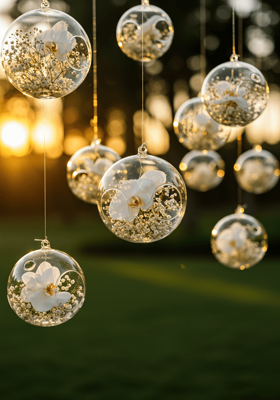 Upward view of suspended glass sphere installations with white flowers during golden hour
