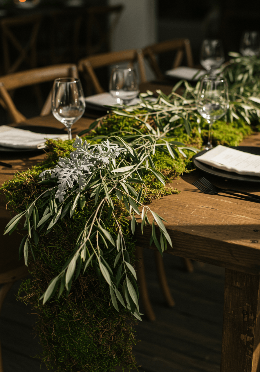 Intimate wedding reception table with cascading olive branches and preserved moss runner