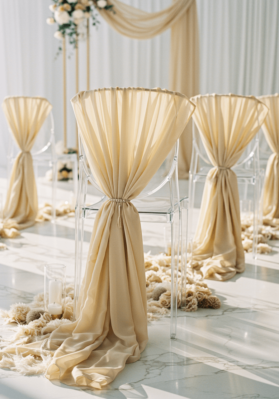 Champagne chiffon and organza fabric draped over ghost chairs at minimalist altar