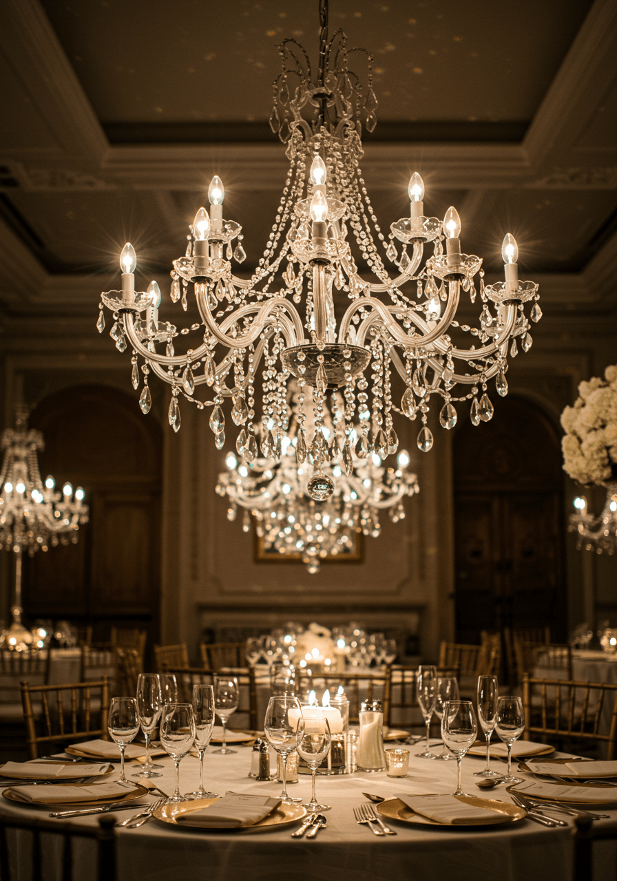 Crystal chandelier with cascading glass teardrops suspended above white linen tablescape