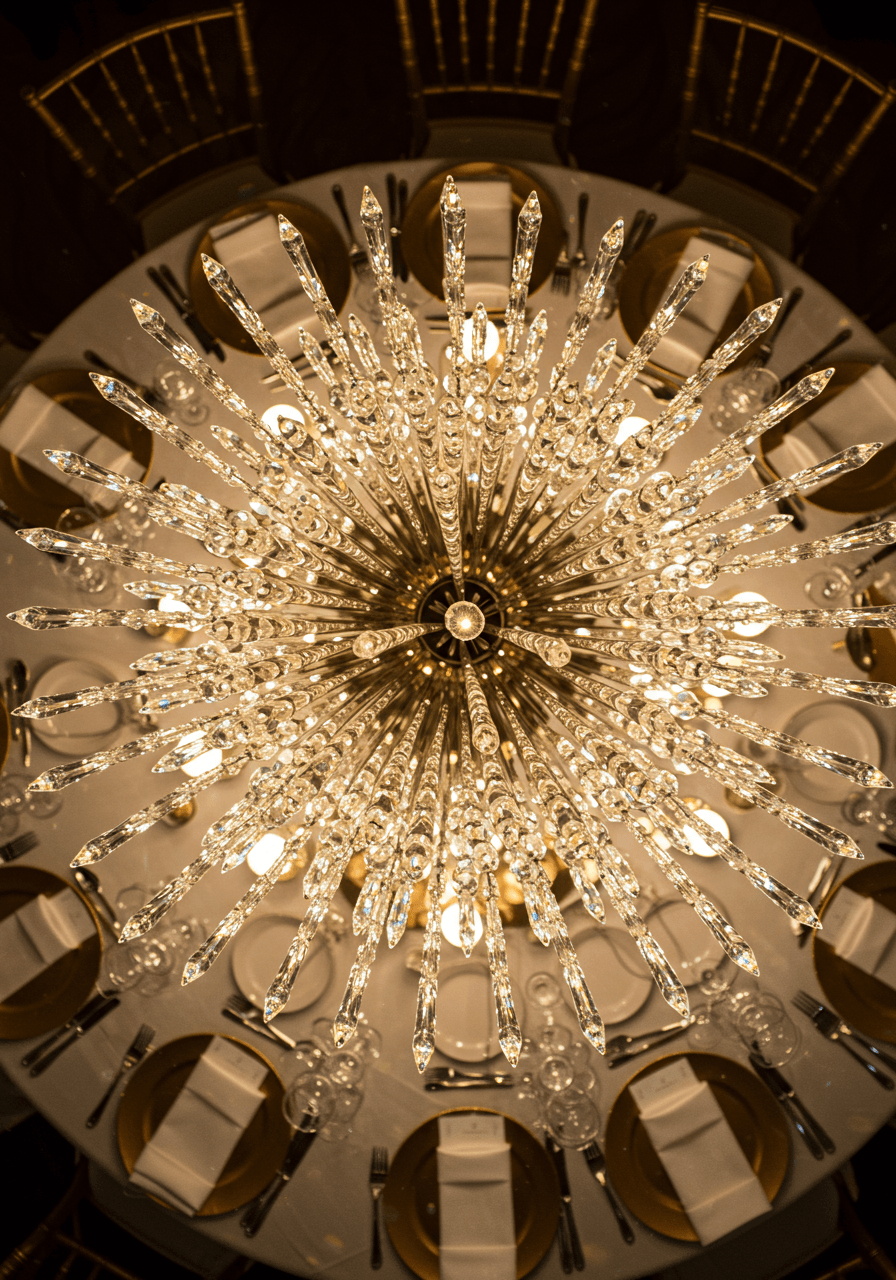 Overhead view of crystal chandelier creating rainbow prisms above elegant reception table