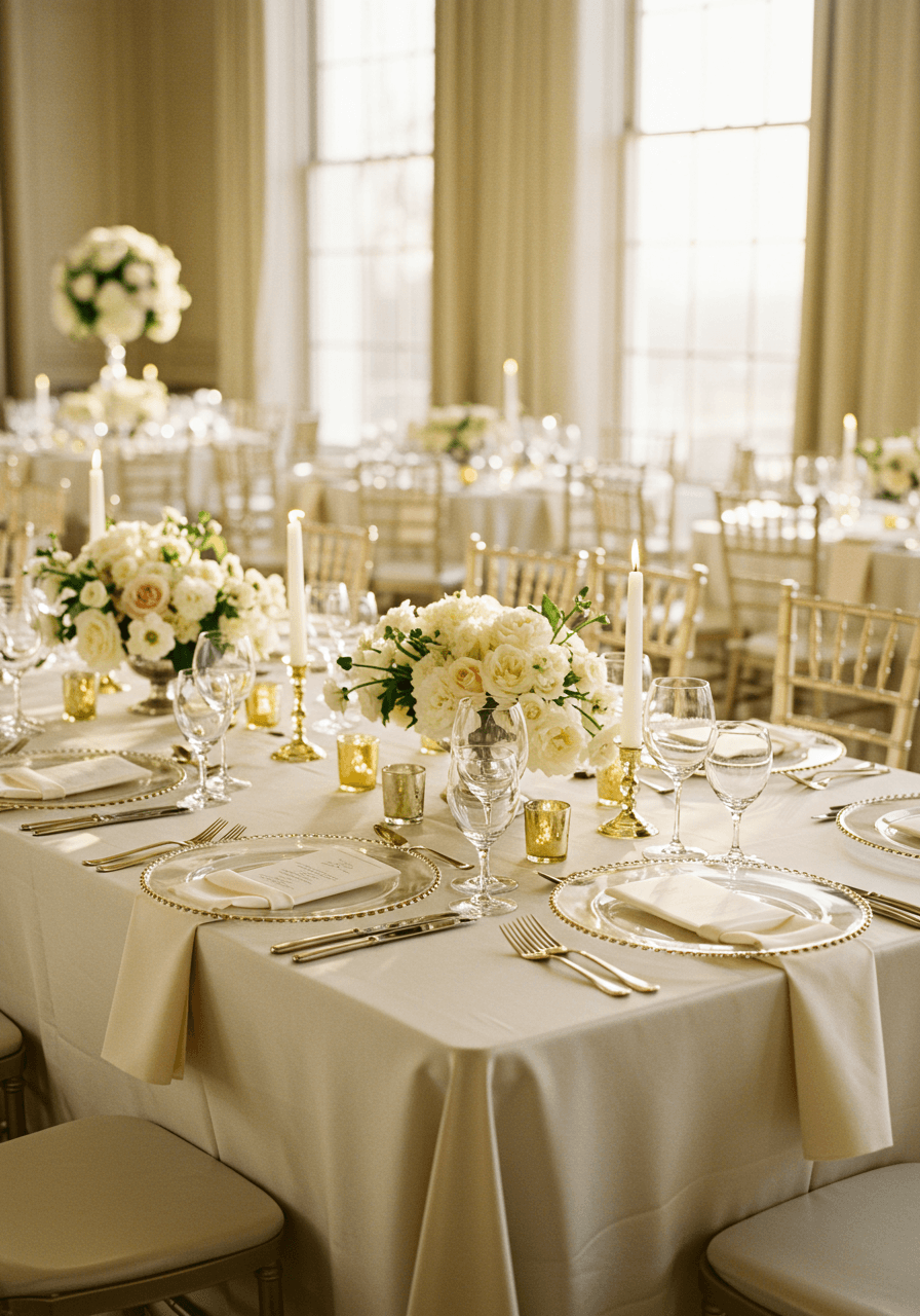 Luxurious wedding tablescape with ivory silk linens and warm champagne gold charger plates