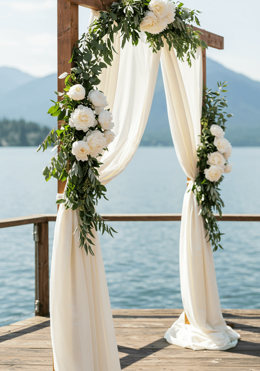 Simple wooden cross-back arbor draped with ivory chiffon and white peonies at lakeside ceremony