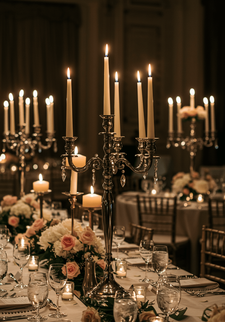 Multiple tiered silver candelabras with tall ivory candles on opulent reception table