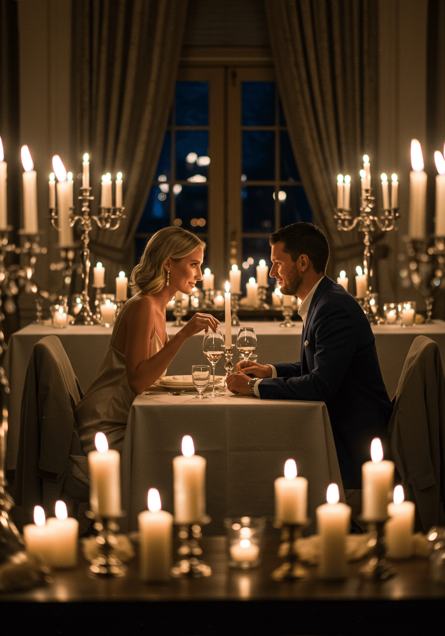 Elegant couple sharing intimate moment at candlelit dinner in luxurious private dining room