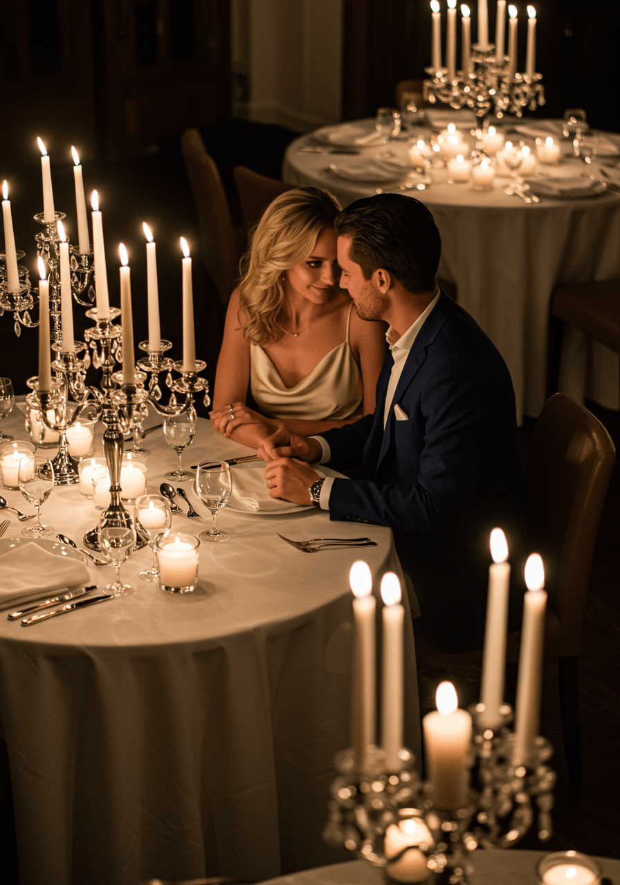 Romantic couple at reception table illuminated by pillar candles and crystal candelabras