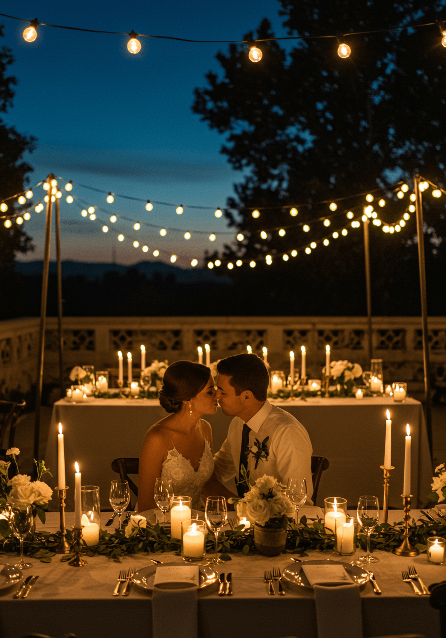 Couple at candlelit reception table with delicate string lights and Edison bulbs overhead