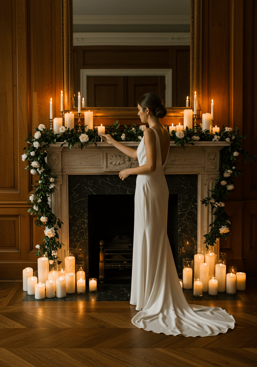 Bride lighting candles on reception mantelpiece with floral garlands and warm wood panelling