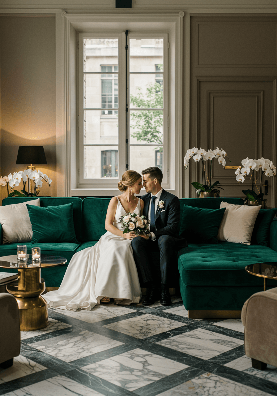 Bride and groom on deep emerald velvet sectional sofa with marble floors and tall windows