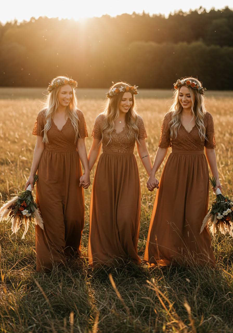 Wide view of bohemian warm brown bridesmaid dresses in natural meadow setting with wildflowers