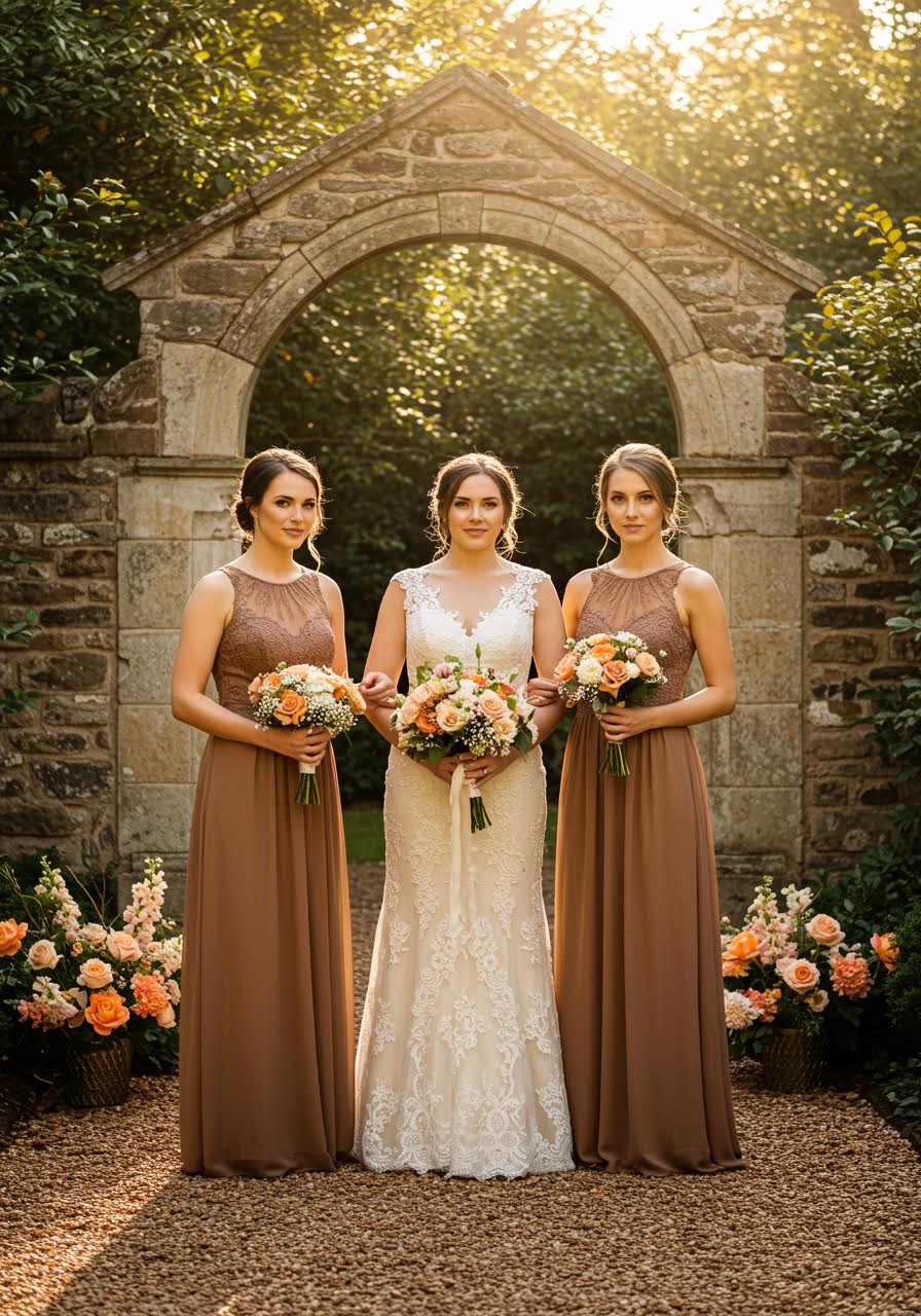 Wide angle of cognac brown lace bridesmaid dresses in golden hour garden wedding setting
