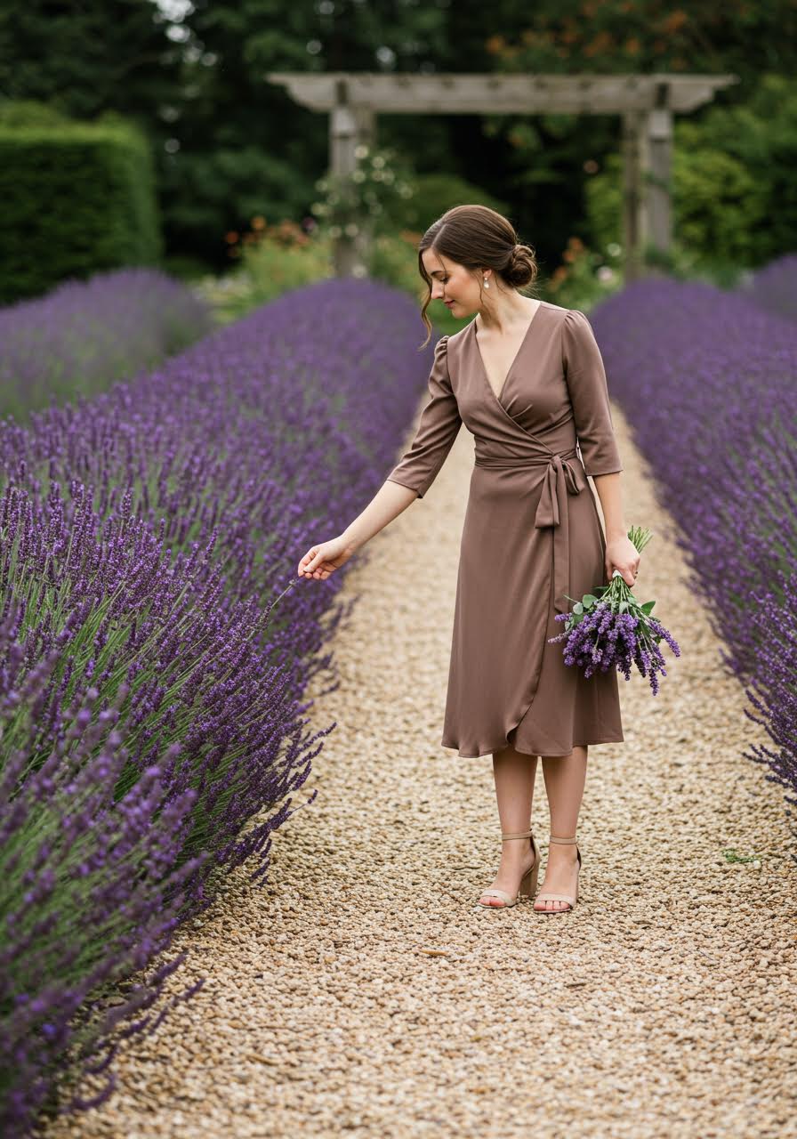 Mocha brown wrap-style bridesmaid dresses amongst lavender fields during golden hour lighting