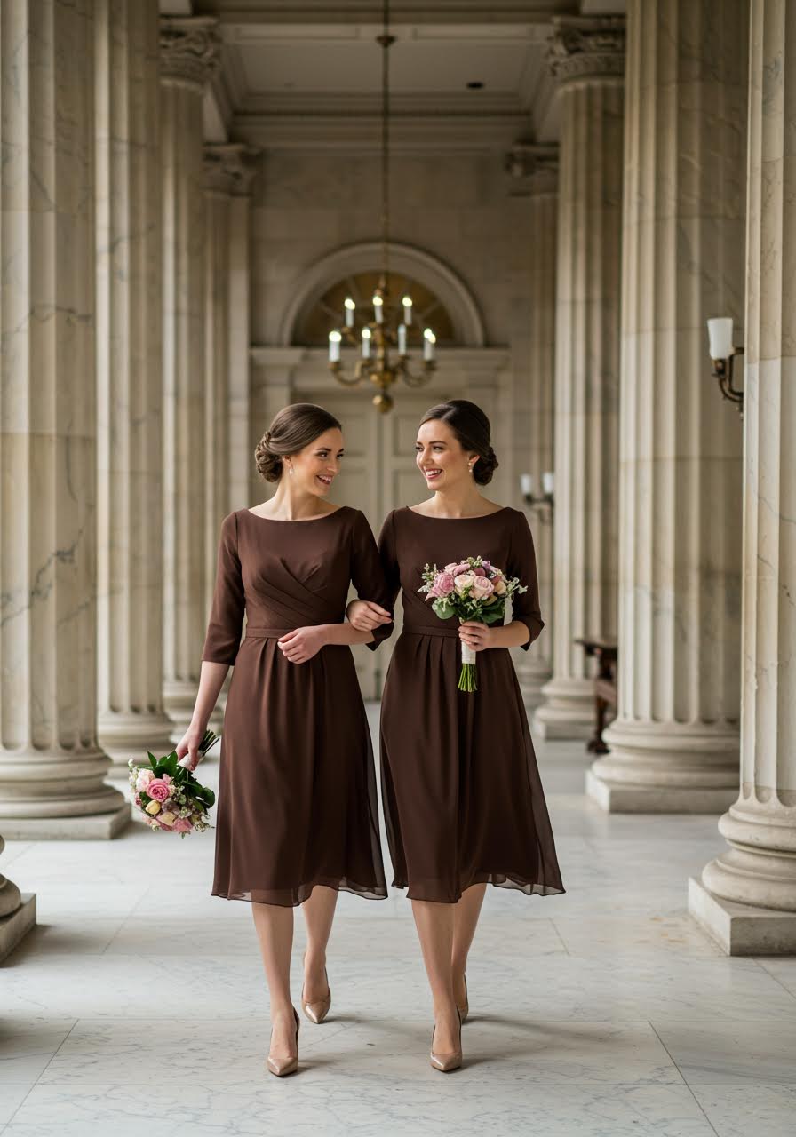 Elegant bridesmaids in chocolate brown midi dresses posed in grand marble hall estate