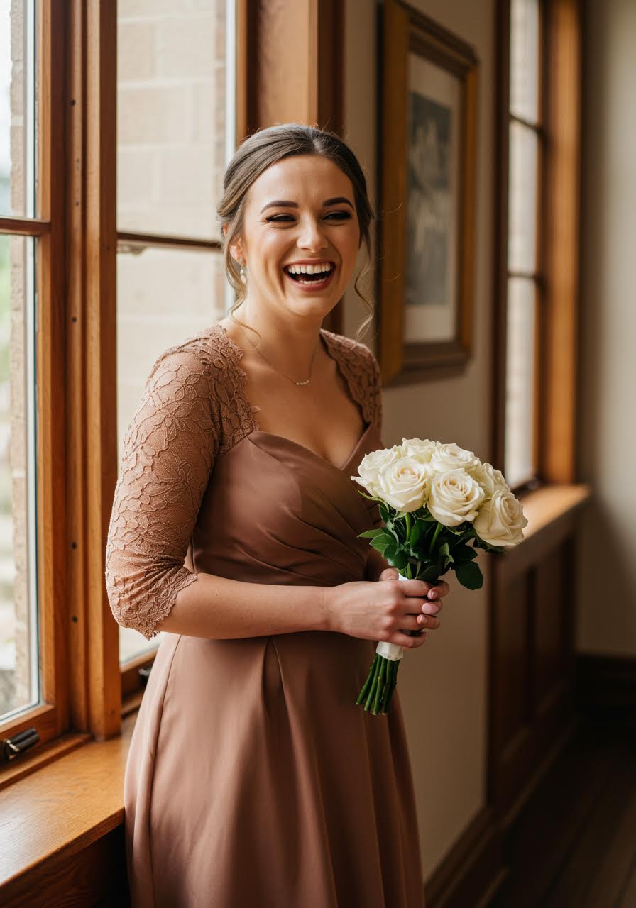 Joyful bridesmaid in cognac brown dress with lace details surrounded by roses indoors