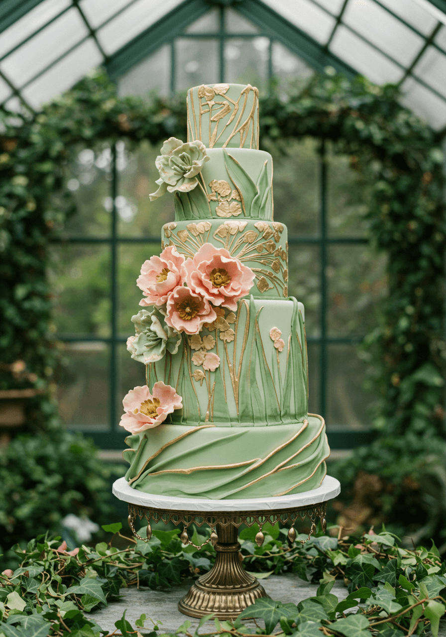 Close-up detail of Art Nouveau flowing lines and delicate gold leaf accents with trailing ivy background