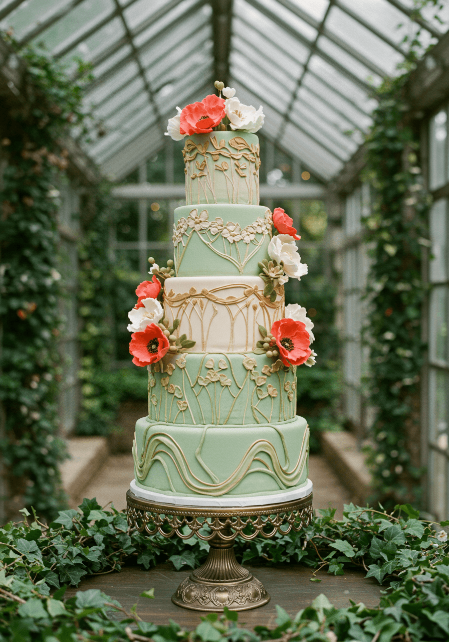 Multi-tiered vintage wedding cake with flowing Art Nouveau-inspired fondant work and Mucha-style botanical motifs