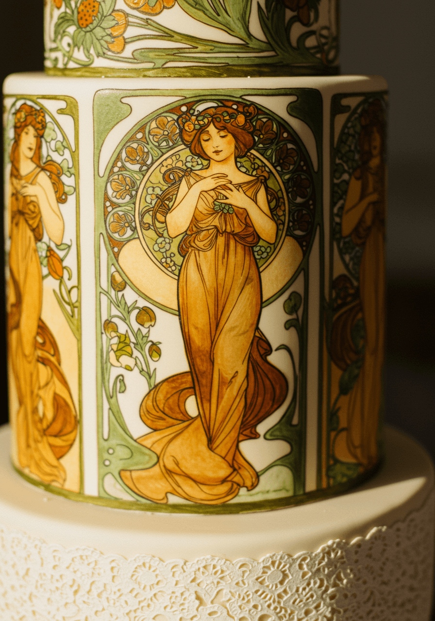 Close-up detail of hand-painted Art Nouveau illustration work with Mucha-inspired feminine figures and botanical elements