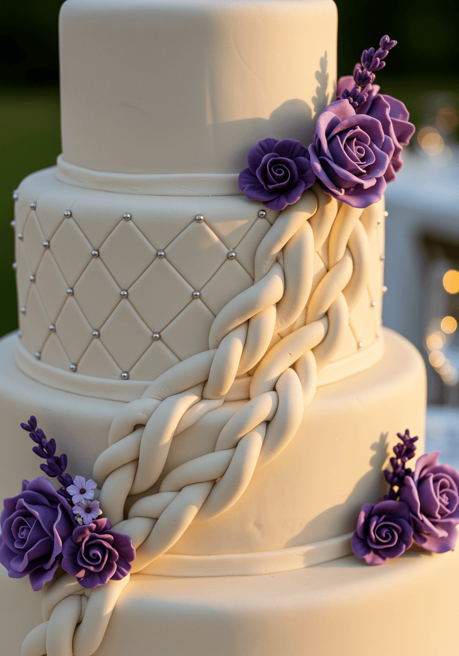 Close-up detail of cascading braided fondant with purple sugar flowers during golden hour