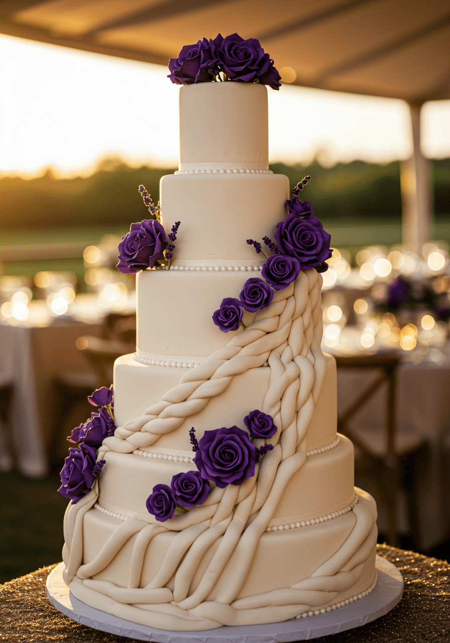 Detailed shot of intricate fondant braiding and floral elements with warm golden lighting