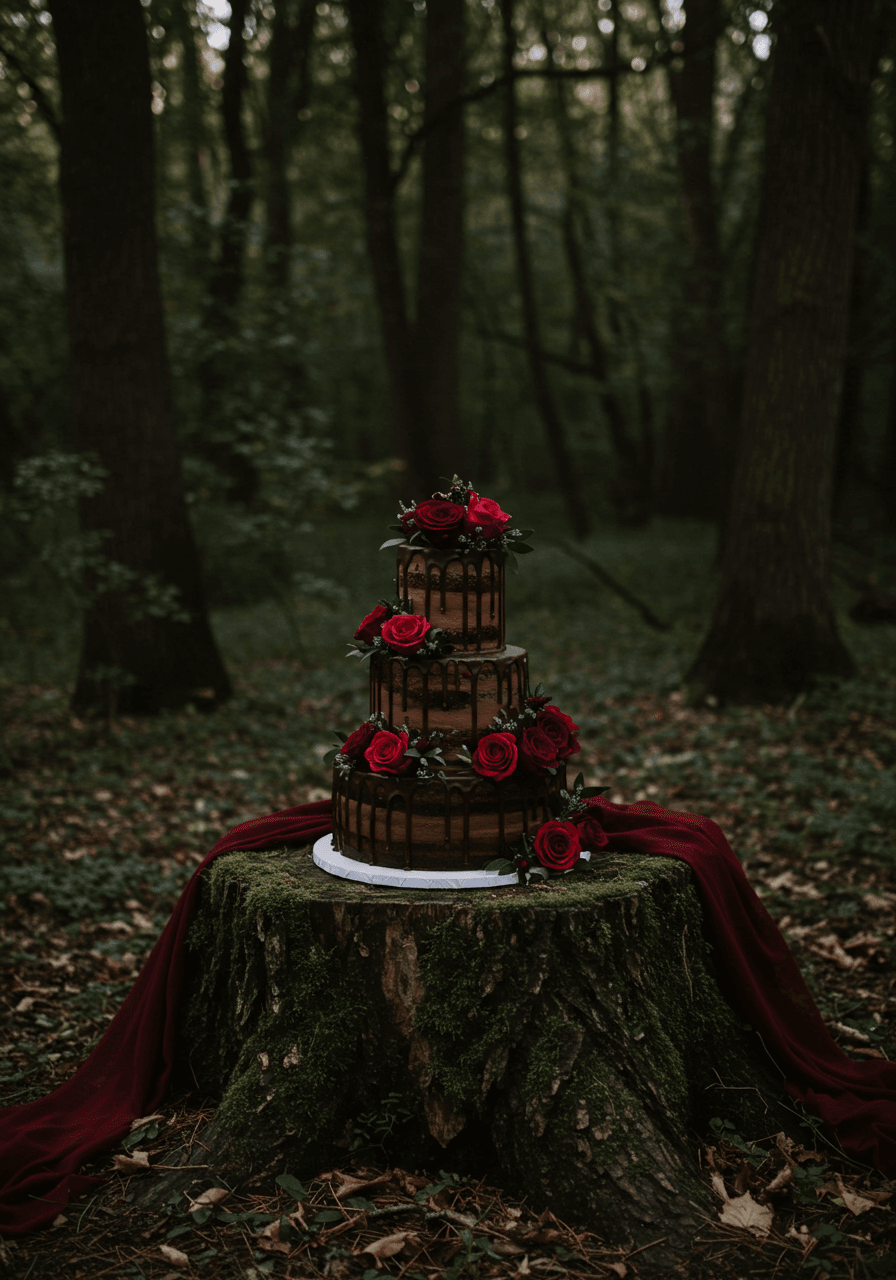 Three-tiered wedding cake with dark chocolate ganache and deep red roses on moss-covered tree stump