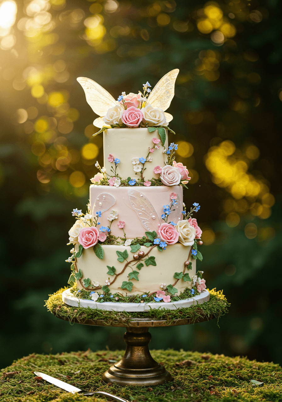 Miniature fairy tale wedding cake with tiny sugar flowers and edible fairy wings nestled among garden blooms