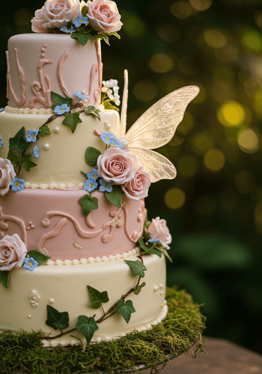 Three-tiered vintage wedding cake with miniature sugar flowers and delicate fondant fairy wings
