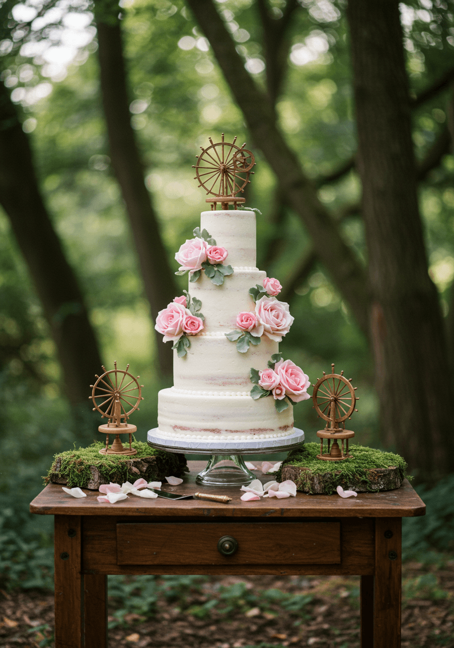 Three-tiered wedding cake with delicate sugar paste briar roses and miniature spinning wheel toppers