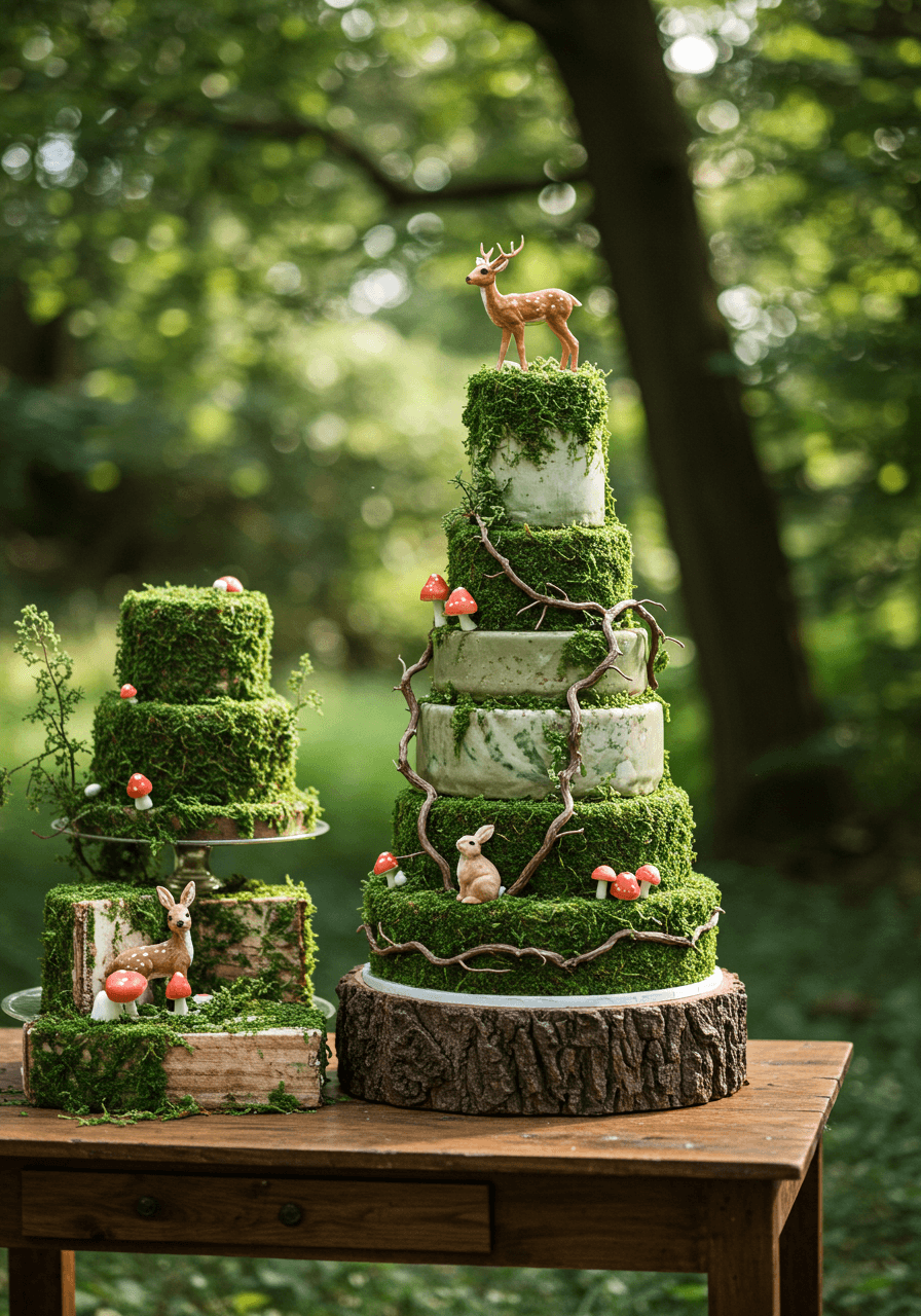 Three-tiered vintage wedding cake with handcrafted sugar woodland creatures and realistic moss details on rustic wooden table